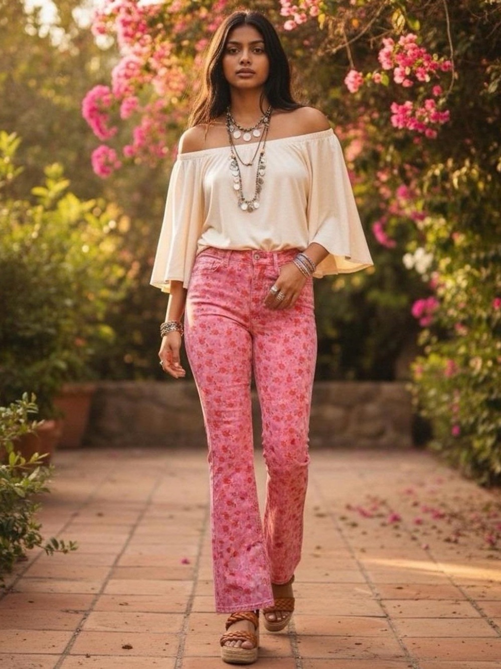 BDG Urban Outfitters Pink Floral Rose High Rise Flare Jeans Size 26.